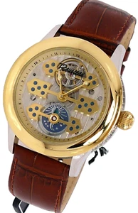 NEW ROUSSEAU GESTALT GOLD BROWN LEATHER AUTOMATIC TRIPLE BRIDGE WATCH SKELETON - Picture 1 of 13
