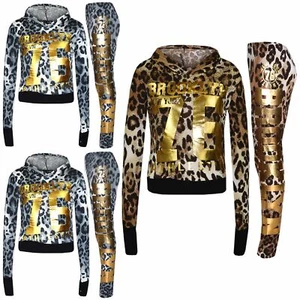Girls Tops Kids Brooklyn 76 Leopard Print Hooded Crop Top Legging Loungewear Set - Picture 1 of 16
