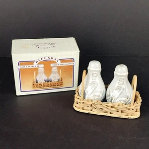 Blue Swan Solid White Embossed Salt and Pepper Shakers Set w/ Rattan Basket NEW! - Picture 1 of 3