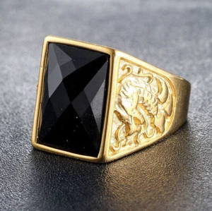 Men Women Gold Stainless Steel Blue Stone Ring Band Wedding Gift Size 8-12 - Picture 1 of 22