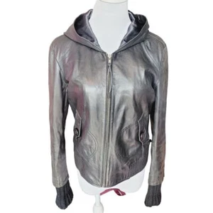 Chaqueta de moto de cuero negra con capucha June con mangas largas de punto forrada mediana Y2K - Imagen 1 de 6