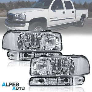 Pair Chrome Headlights w/ Bumper Lamps For 2000-2006 GMC Yukon Sierra 1500 2500 - Picture 1 of 10