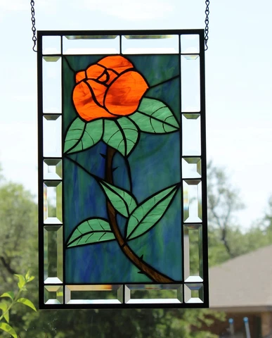 Stained Glass Rose panel Handmade in US 18 7/8x 113/8” (48x29cm) Cover