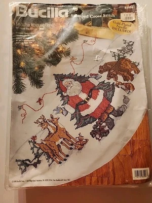 Bucilla Stamped Cross Stitch Santa Woodland Friends 44" Rnd Tree Skirt 1998 - Image 1 of 4