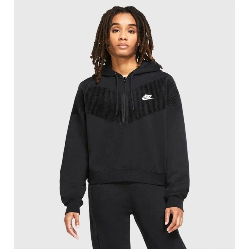 Sudadera con capucha Nike Heritage 1/2 cremallera terciopelo rayas en V para mujer mediana negra DM1755-010 Foto 1 de 4