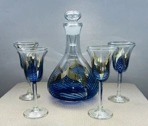 Signed & Numbered Hand Blown Crystal Decanter & 4 Wine Glasses Blue/Gold Painted - Picture 1 of 15