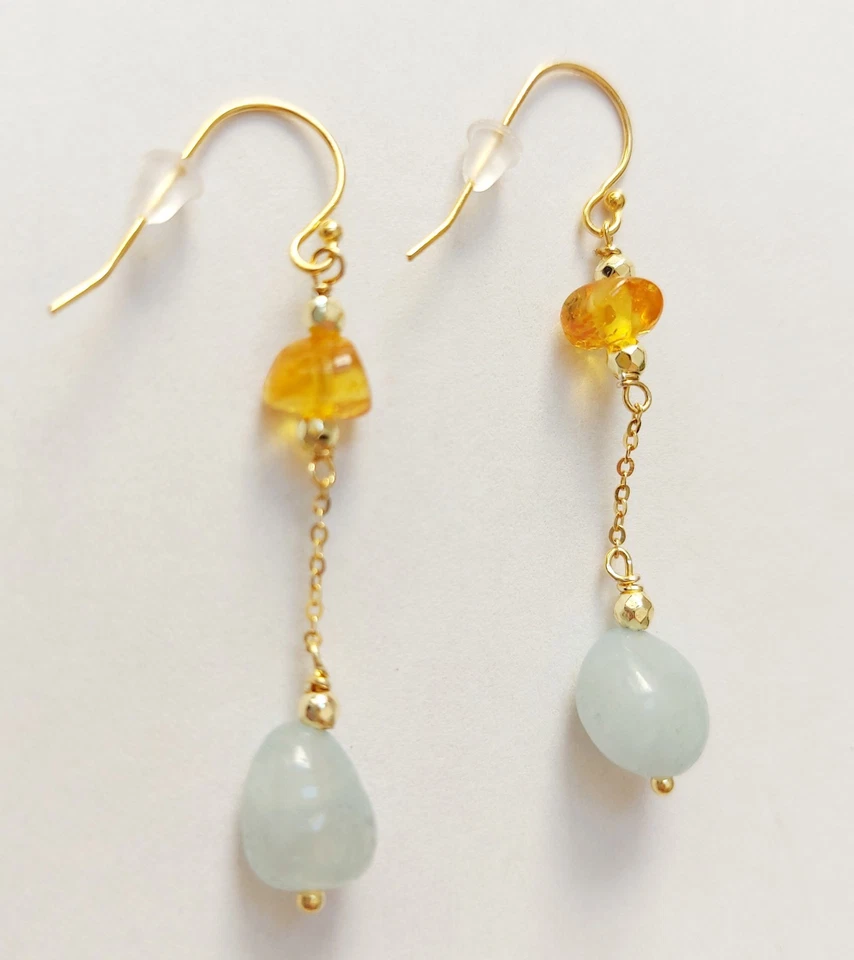 Orecchini pendenti in argento 925 laminato oro con ambra acquamarina ed ematite  - Immagine 1 di 4