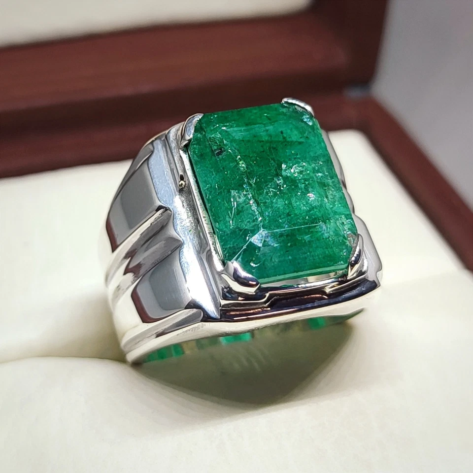 Mens Emerald Ring, Natural Beryl 925 Sterling Silver Ring, Zamurd Ring For Men - Image 1 of 4