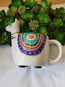 Natural Life Llama Folk Art Ceramic Colorful Hand Painted 16 oz Figural mug - Picture 1 of 7