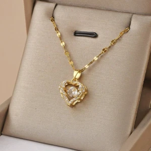 Womens Necklace Stainless Steel Chain Gold Plated Heart Pendant Fashion Jewelry - Picture 1 of 3