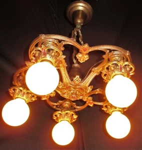 ANTIQUE DECO ERA VICTORIAN CAST METAL CEILING CHANDELIER LIGHT FIXTURE 1930's - Picture 1 of 12