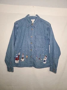 Christopher & Banks Shirt Womens Medium Jean Denim Winter Holiday Vintage - Picture 1 of 4