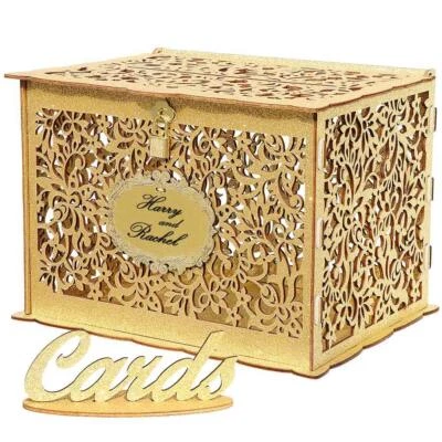 Glittery Gold Wedding Card Box with Lock Wood Envelope Holder for Wedding Rec... - Image 1 of 4