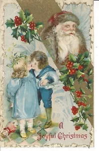CHRISTMAS POSTCARD SANTA - BOY & GIRL KISSING - JOYFUL CHRISTMAS EMBOSSED - Picture 1 of 2