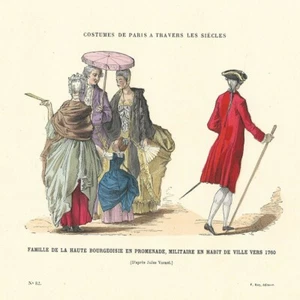 Famille de la haute bourgeoisie en promenade - Gravure de presse 1880 - Picture 1 of 2