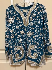 Kashmir Ladies Blue Silk Embroidered Top Size S-M - Picture 1 of 4