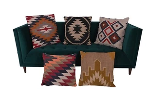 Set of 5 cotton cushion covers with handwoven killim featuring geometric pattern - Picture 1 of 7
