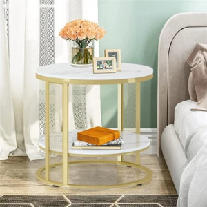 55CM Round Accent Table End Table Marble Top&Gold Metal Frame Bedside Nightstand - Picture 1 of 12