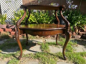Antique French Brown Mahogany Etagere Serving Table With inlaid Design