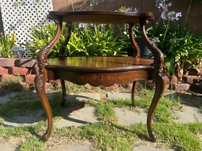 Antique French Brown Mahogany Etagere Serving Table With inlaid Design - Image 1 of 4