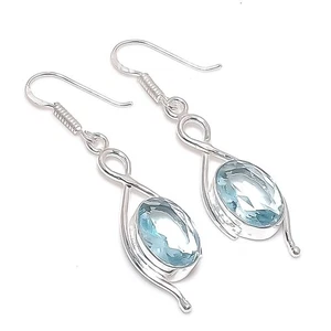 Aqua Aquamarine Gemstone Handmade 925 Sterling Silver Jewelry Earrings Size 2" - Picture 1 of 1