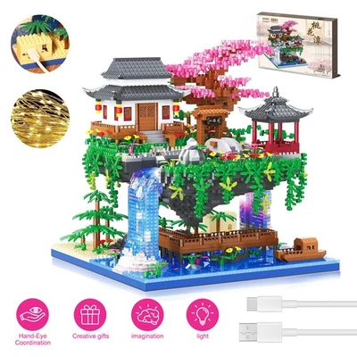 Pfirsichblüten Pool Baustein Set Wasserfall Pavillon Klemmbausteine mit LEDLicht - Bild 1 von 4