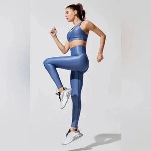 Carbon38 High Rise Full-Length Shine Glossy Blue High-Waist Activewear Leggings - Picture 1 of 20