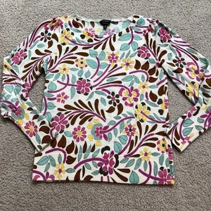 Talbots 100% Merino Wool Colorful White Floral Sweater Subtle Puff Sleeves Sz M - Picture 1 of 10