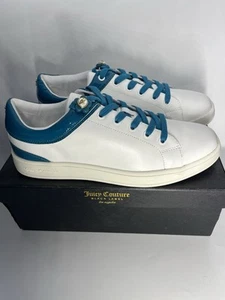 LADIES JUICY COUTURE BLACK LABEL NAPPA LEATHER TRAINERS SIZE 8 White Teal BNWB - Picture 1 of 11