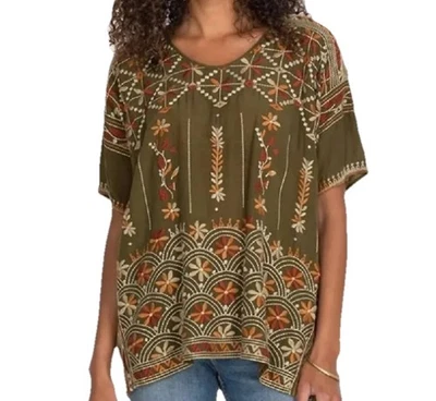 Johnny Was Talla S Aubrey Bordado Túnica Top Shell Gran Tamaño Otoño Verde Marrón Foto 1 de 4
