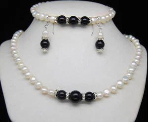 Natural 7-8MM White Pearl & Black Agate Neckalce 18'' Bracelet 7.5'' Earring Set - Picture 1 of 3