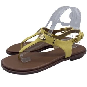 Michael Kors Shoes MK Plate Sandals Yellow Logo Leather Flat Thong Designer NEW - Picture 1 of 12