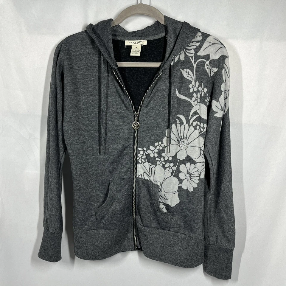 VERTIGO Paris Sudadera con Capucha M Lentejuelas Gris Patrón Floral Cremallera Vértigo Deletrear Hippie Foto 1 de 4