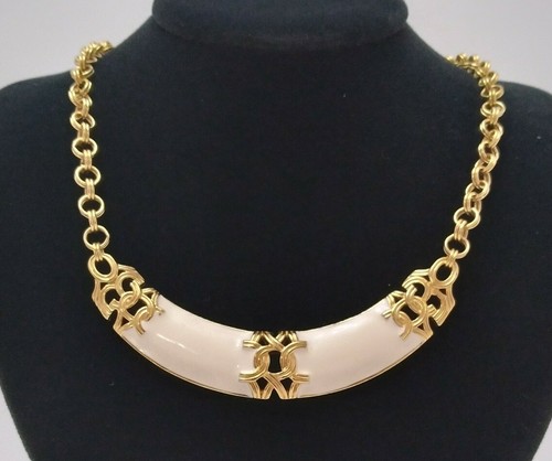 OFF WHITE Collana Reale Vintage Tono Oro Smalto Bianco 19" Bavaglino Dichiarazione