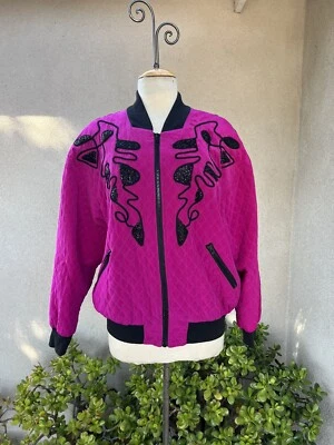 Chaqueta Bomber Vintage KBS Kansai Yamamoto Rosa Frambuesa Negro Cuentas Unisex mediana Foto 1 de 4