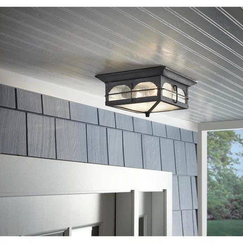 Ceiling Flush Mount 2-Light Outdoor 11" Aged Iron Clear Seedy Glass Shade Cover