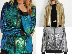 Women Sequin Glitter Clubbing Party Zip Up Bomber Jacket Festival Biker Coat Top - Picture 1 of 6