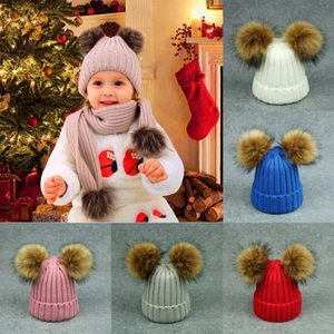 Newborn Baby Boy Kid Girls Winter Warm Double Fur Pom Hat Knit Bobble Beanie Cap - Picture 1 of 13