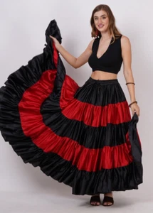 Mujeres Informal Tribal Danza del Vientre Satén 4 Niveles, Flamenco Rojo y Negro Falda Larga - Imagen 1 de 7