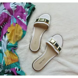 Nine West Goldbarren weiße Riemen-Pantoletten Sandalen weiß gold 6 Braut Hochzeit - Bild 1 von 8