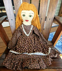Vintage 1930s Handmade Rag Doll Cloth Embroidered Face Calico Dress Pearl Shoes - Picture 1 of 17