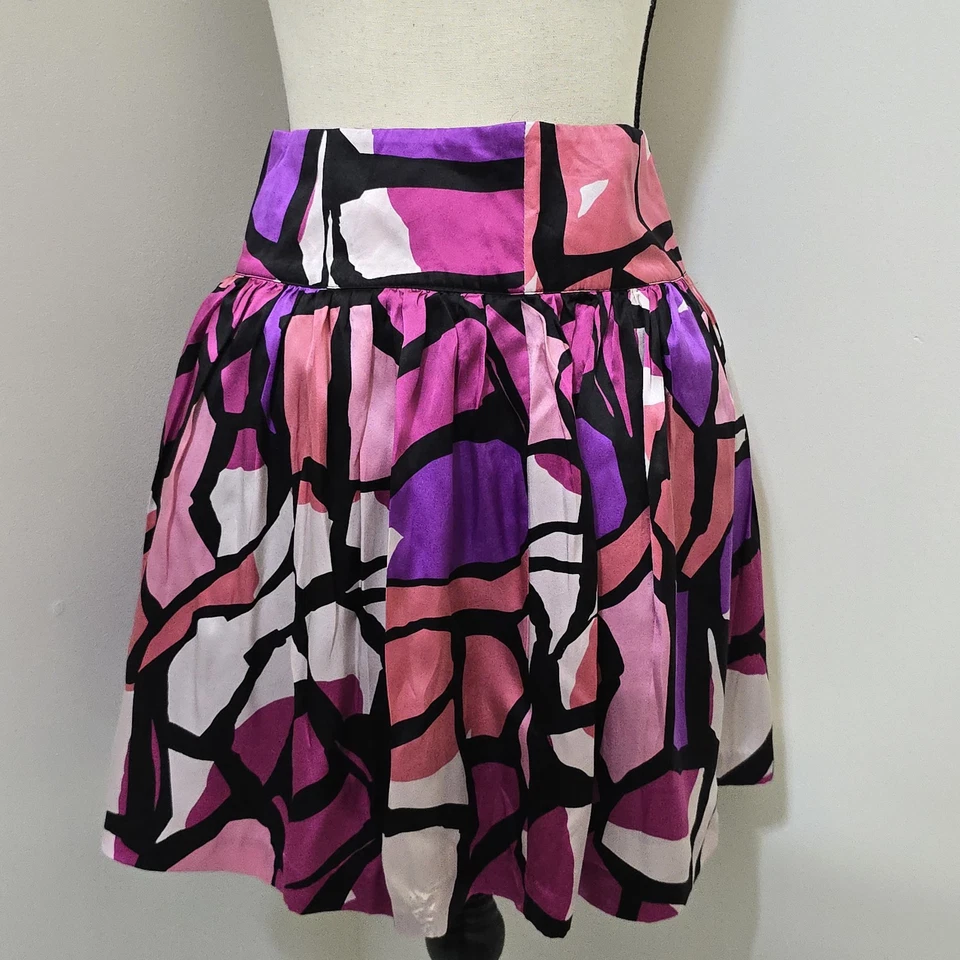 y2k High Waisted Pleated Colorful Art Flared Silk Mini Skirt Lined 2 KENSIE GIRL - Image 1 of 4