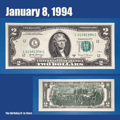 January 8, 1994 Birthday Anniversary $2 Two Dollar Bill Serial Number 01081994 - Image 1 of 2
