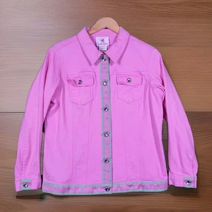 QUACKER FACTORY Jacket Women's Medium Pink Jean Rhinestone Buttons Palm Tree Hem - Picture 1 of 6