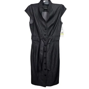 Calvin Klein Denim Dress Button Front Belted Sleeveless Dark Gray Size 4 NWT - Picture 1 of 11