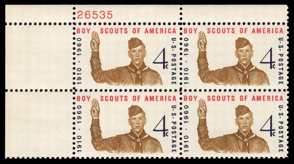 US Scott # 1145, Boy Scouts of America, Plate Block of (4) 1960 4¢ Stamps, MNH - Image 1 of 1