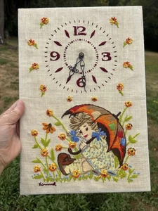 Needlepoint Clock 1975 Vintage 70s Orange Flowers Girl 15x10 - Picture 1 of 6