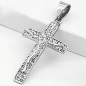 Men's Stainless Steel,Silver JESUS CROSS 63mm CZ Icy Bling Pendant.Unisex,Box - Picture 1 of 3