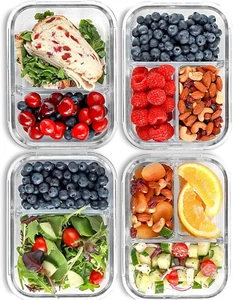 Glass Meal Prep Containers, 2 & 3 Compartments - Portion Control, Lunch Containe - Picture 1 of 12