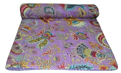 Colcha bordada indiana Kantha floral algodão roxo - Imagem 1 de 4